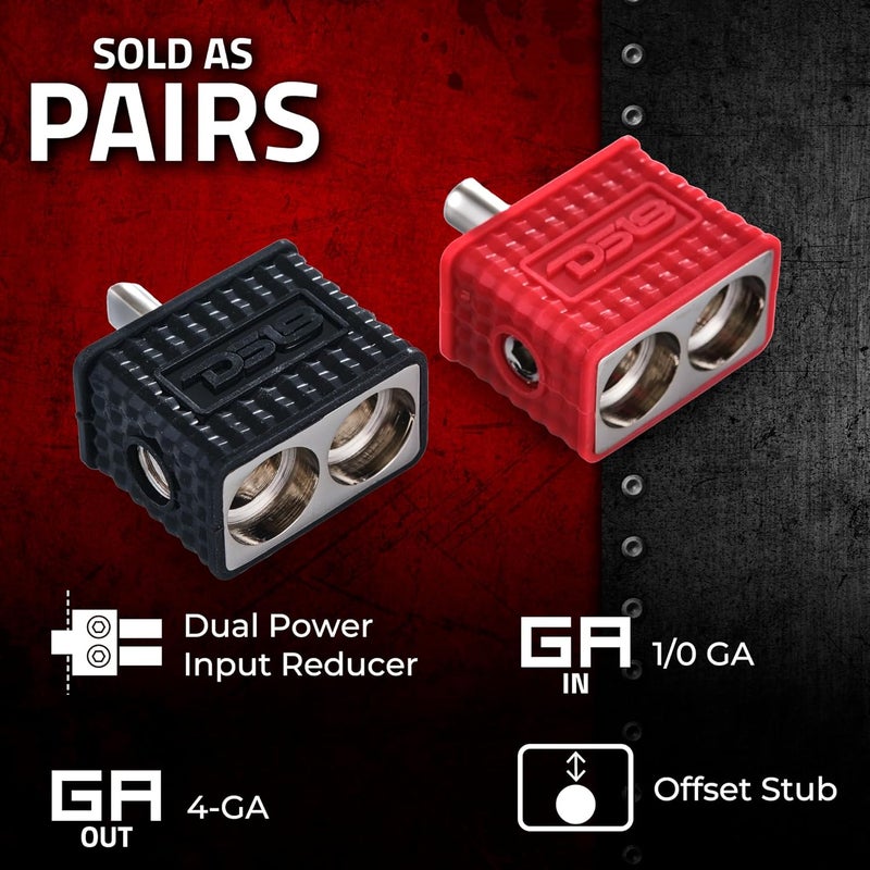 DS18 Amp Input Reducers with Offset Stub & Red/Black Silicone Cover, Marine Grade, Wire Reducer Power/Ground Input Reducer, Amplifier Wire Connector, Pair (Dual 1/0-GA to 1/4-GA) - Image 2